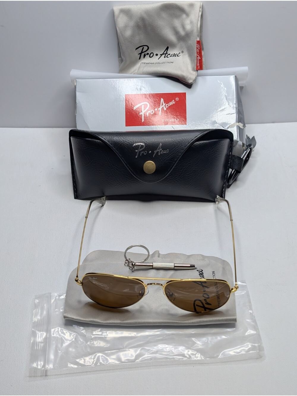 Pro Acme Aviator Sunglasses Gold Frame Brown Lens w/ Case Box Accessories